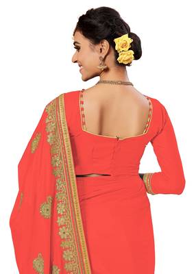 Orange embroidered silk saree with blouse 5