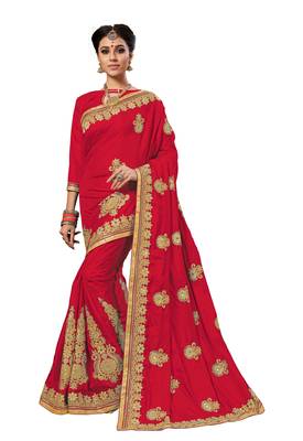 Red embroidered silk saree with blouse 1