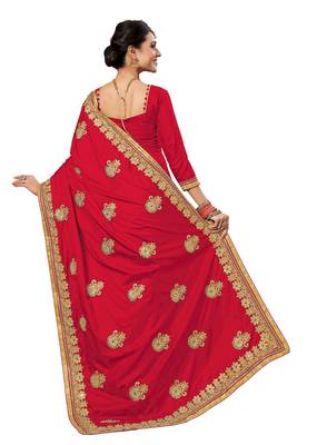 Red embroidered silk saree with blouse 2
