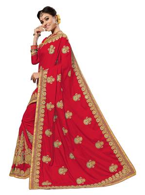 Red embroidered silk saree with blouse 3