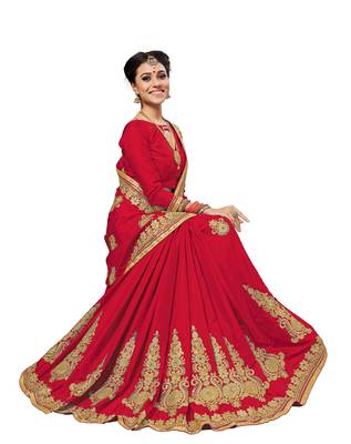 Red embroidered silk saree with blouse 4