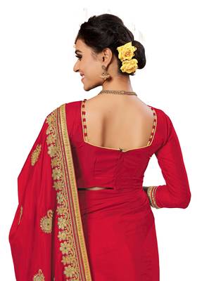 Red embroidered silk saree with blouse 5