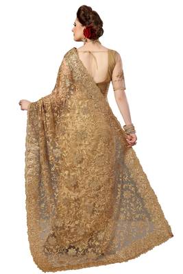 Trendmalls Beige embroidered net saree with blouse  2