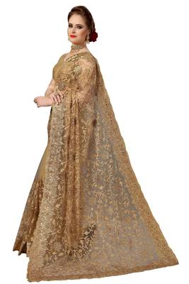 Trendmalls Beige embroidered net saree with blouse  3