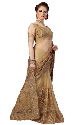 Trendmalls Beige embroidered net saree with blouse  4