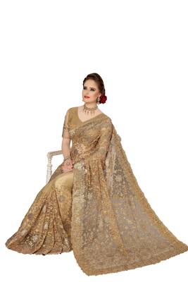 Trendmalls Beige embroidered net saree with blouse  5