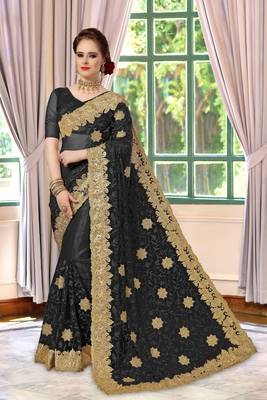 Trendmalls Black embroidered net Party Wear Saree With Blouse 1