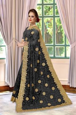 Trendmalls Black embroidered net Party Wear Saree With Blouse 2