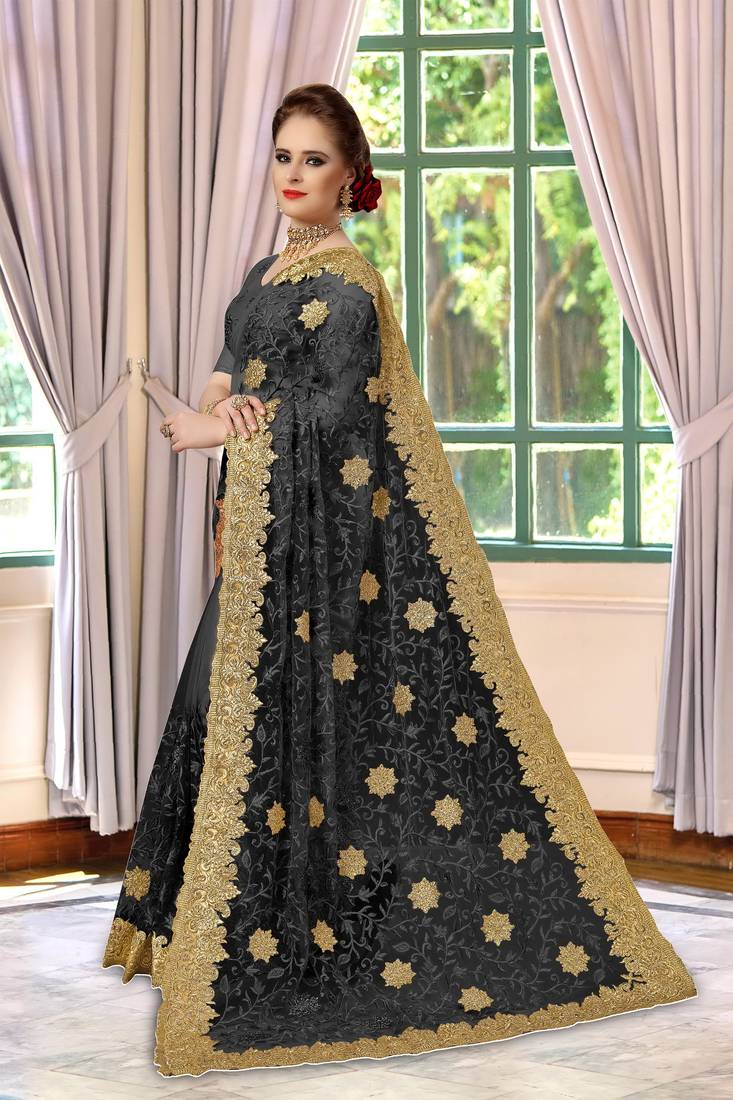 Trendmalls Black embroidered net Party Wear Saree With Blouse