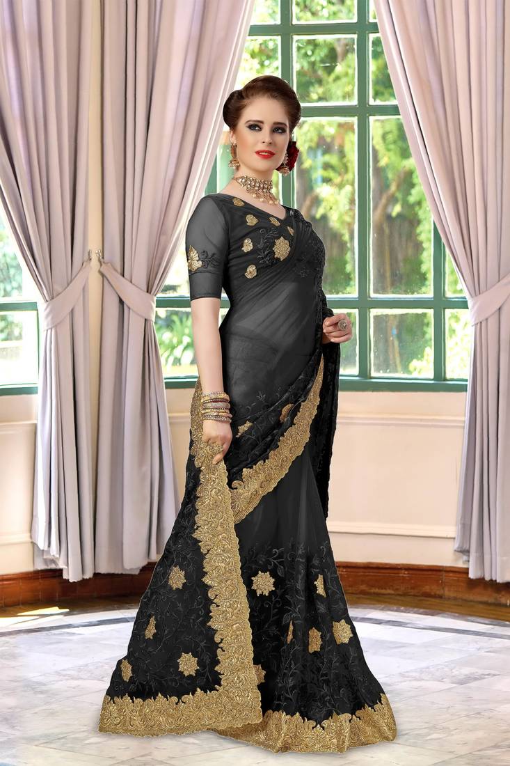 Trendmalls Black embroidered net Party Wear Saree With Blouse