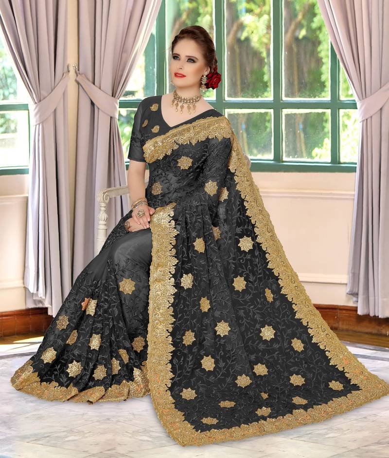 Trendmalls Black embroidered net Party Wear Saree With Blouse