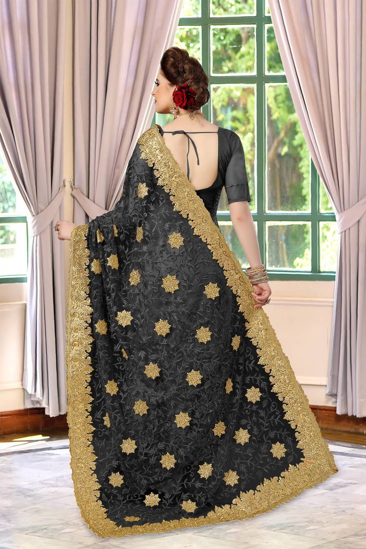 Trendmalls Black embroidered net Party Wear Saree With Blouse