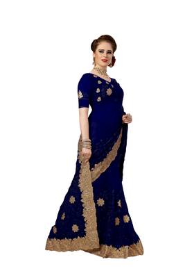 Trendmalls Blue embroidered net saree with blouse  4