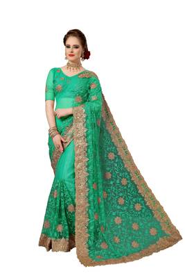 Green embroidered net saree with blouse 1