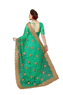 Green embroidered net saree with blouse 2