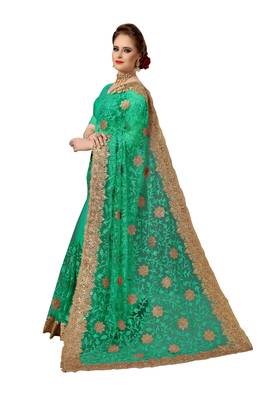 Green embroidered net saree with blouse 3