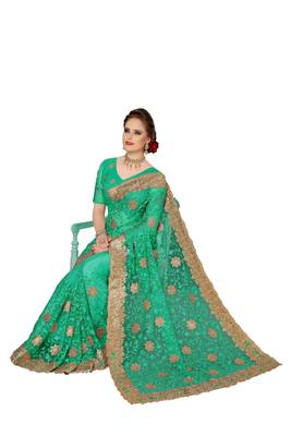 Green embroidered net saree with blouse 5