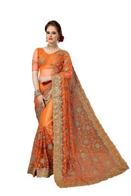 Trendmalls Orange embroidered net saree with blouse  1