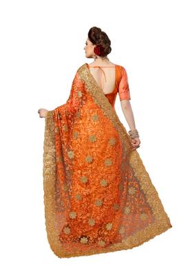 Trendmalls Orange embroidered net saree with blouse  2