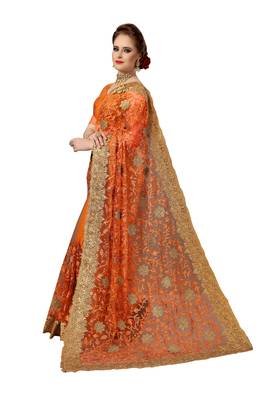 Trendmalls Orange embroidered net saree with blouse  3