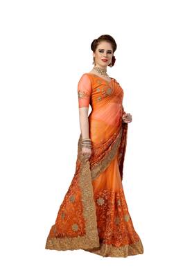 Trendmalls Orange embroidered net saree with blouse  4