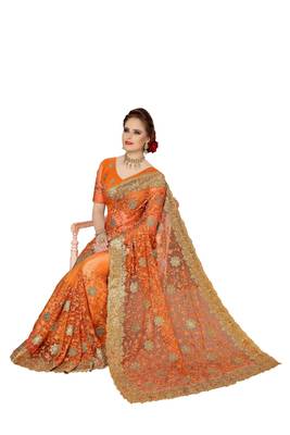 Trendmalls Orange embroidered net saree with blouse  5