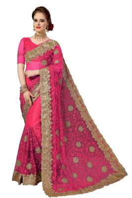 Trendmalls Pink embroidered net saree with blouse  1