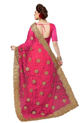 Trendmalls Pink embroidered net saree with blouse  2