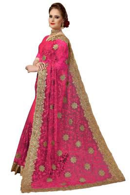 Trendmalls Pink embroidered net saree with blouse  3