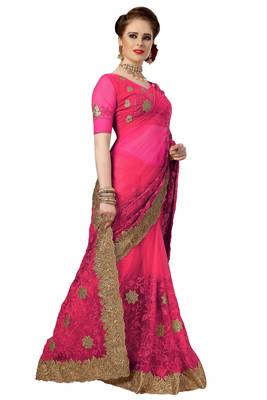 Trendmalls Pink embroidered net saree with blouse  4