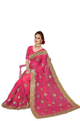 Trendmalls Pink embroidered net saree with blouse  5