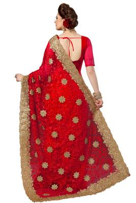 Trendmalls Red embroidered net saree with blouse  2