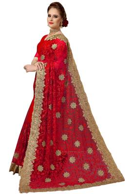 Trendmalls Red embroidered net saree with blouse  3