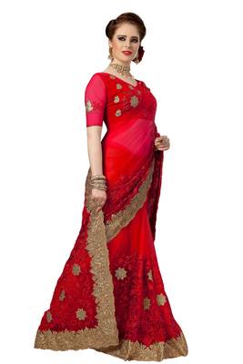 Trendmalls Red embroidered net saree with blouse  4