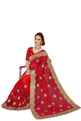 Trendmalls Red embroidered net saree with blouse  5