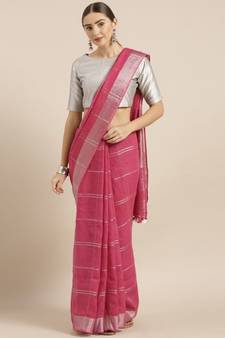KALASATI FUCHSIA PINK & SILVER-TONED PURE LINEN CHECKED BHAGALPURI SAREE