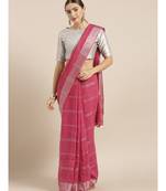 KALASATI FUCHSIA PINK & SILVER-TONED PURE LINEN CHECKED BHAGALPURI SAREE