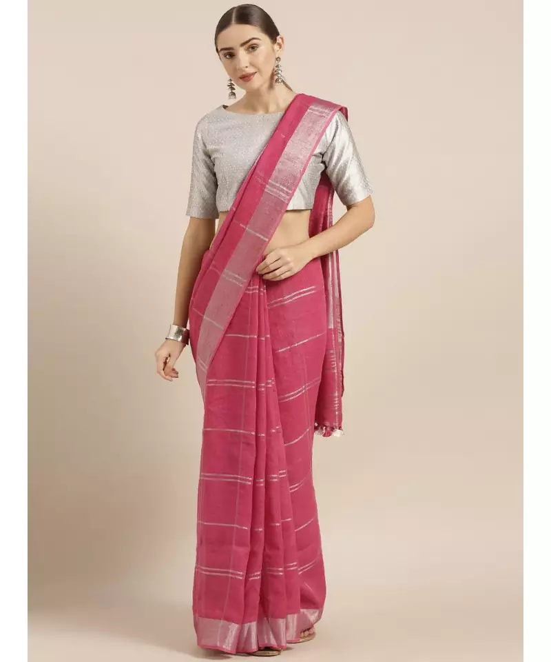 KALASATI FUCHSIA PINK & SILVER-TONED PURE LINEN CHECKED BHAGALPURI SAREE