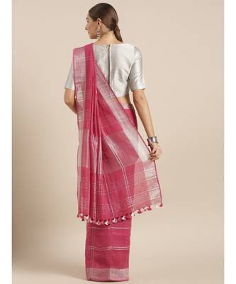 Kalasati Fuchsia Pink & Silver Toned Pure Linen Checked Bhagalpuri Saree 2