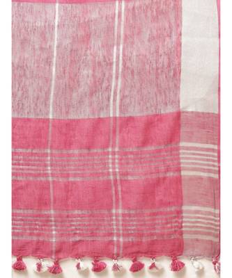 Kalasati Fuchsia Pink & Silver Toned Pure Linen Checked Bhagalpuri Saree 4