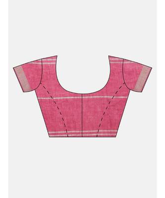 Kalasati Fuchsia Pink & Silver Toned Pure Linen Checked Bhagalpuri Saree 5