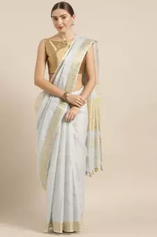 KALASATI GREY & GOLD-TONED PURE LINEN CHECKED BHAGALPURI SAREE