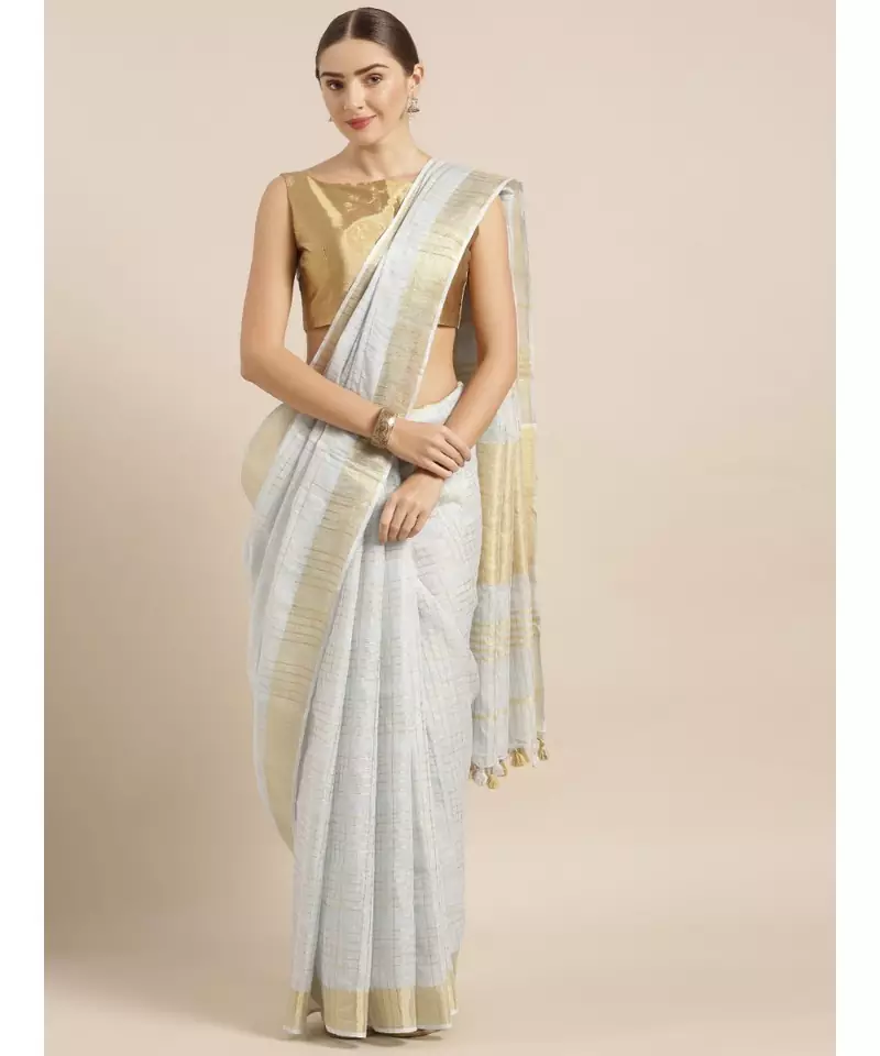 KALASATI GREY & GOLD-TONED PURE LINEN CHECKED BHAGALPURI SAREE