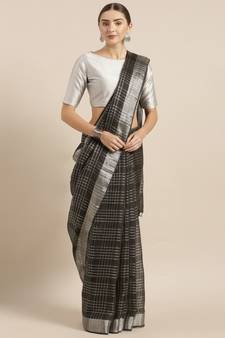 KALASATI BLACK PURE LINEN CHECKED BHAGALPURI SAREE