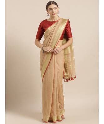 Kalasati Beige & Gold Coloured Pure Linen Solid Bhagalpuri Saree 2