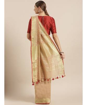 Kalasati Beige & Gold Coloured Pure Linen Solid Bhagalpuri Saree 3