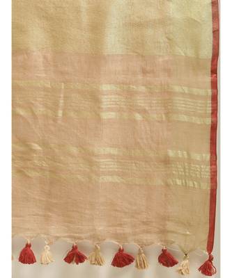 Kalasati Beige & Gold Coloured Pure Linen Solid Bhagalpuri Saree 5