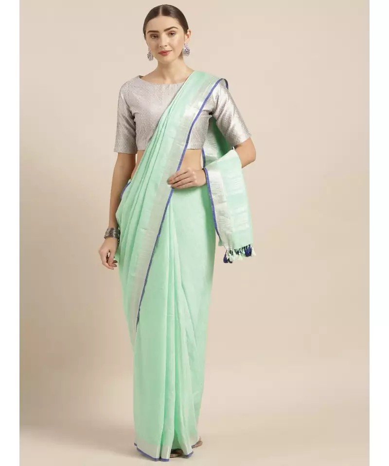 KALASATI GREEN LINEN BLEND SOLID BHAGALPURI SAREE