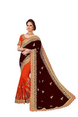 Trendmalls Brown embroidered silk   Traditional Wedding Party Wear Bridal Saree With Blouse   1
