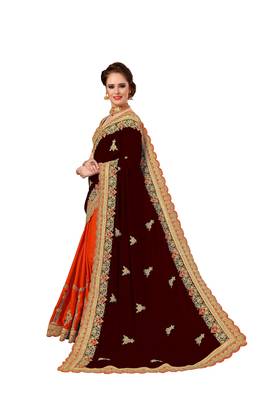 Trendmalls Brown embroidered silk   Traditional Wedding Party Wear Bridal Saree With Blouse   3